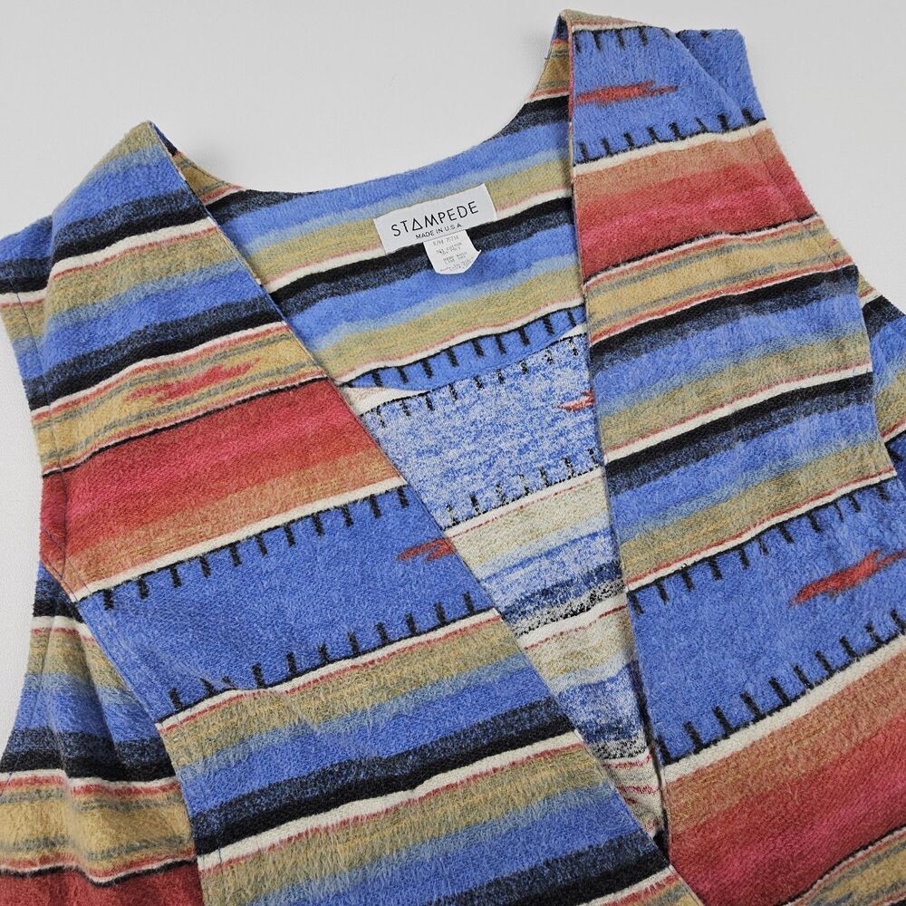 Vintage Stampede USA Southwestern Blanket Vest Womens Belted Striped Made USA